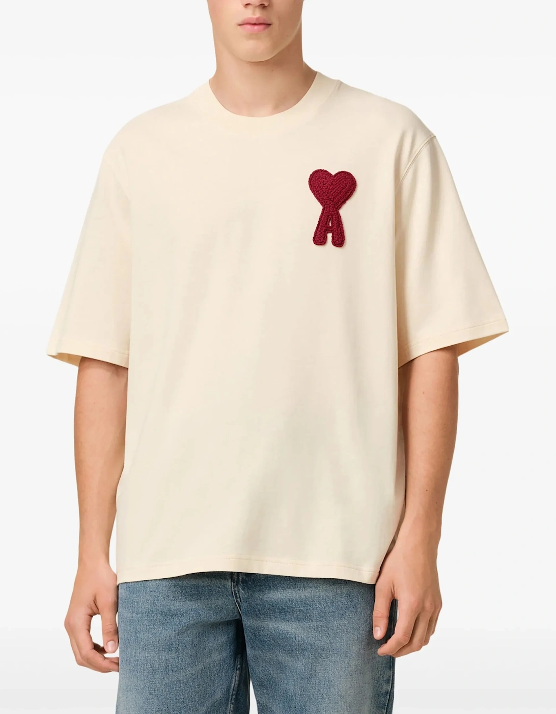 Ami Paris 'Ami de Coeur' Red Patch T-Shirt Beige