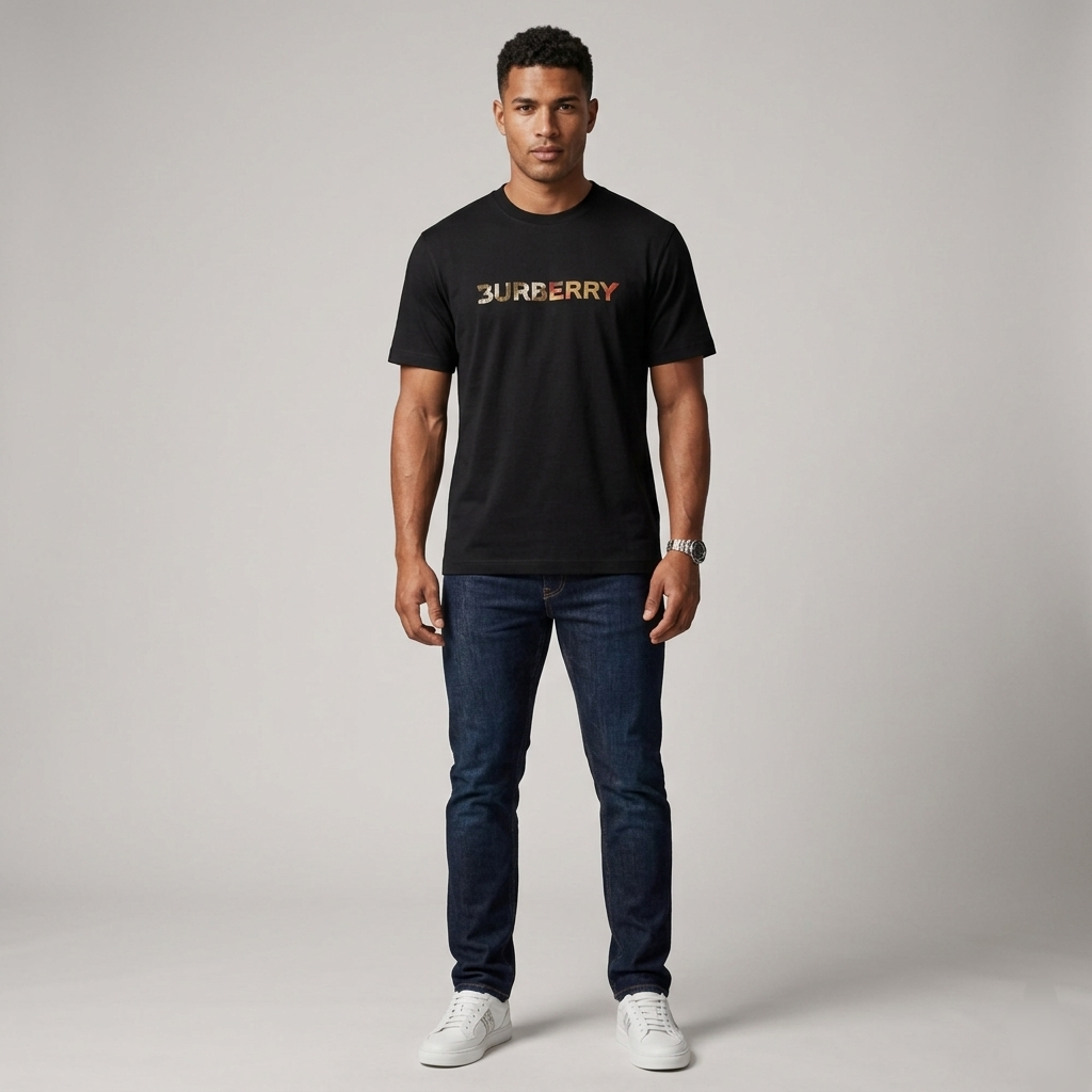 Burberry Check Logo Embroidered T Shirt Black