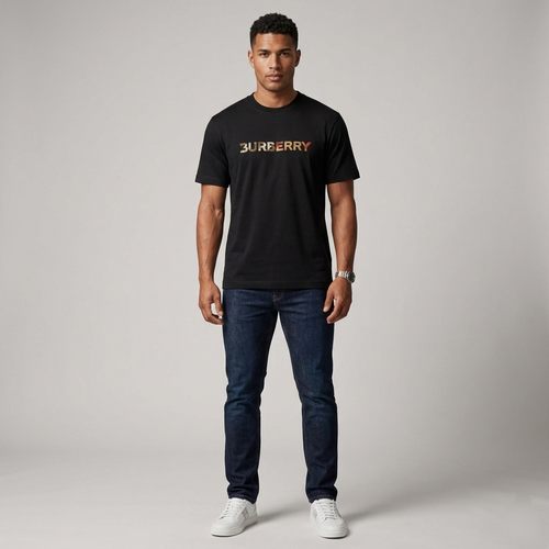 Burberry Check Logo Embroidered T Shirt Black