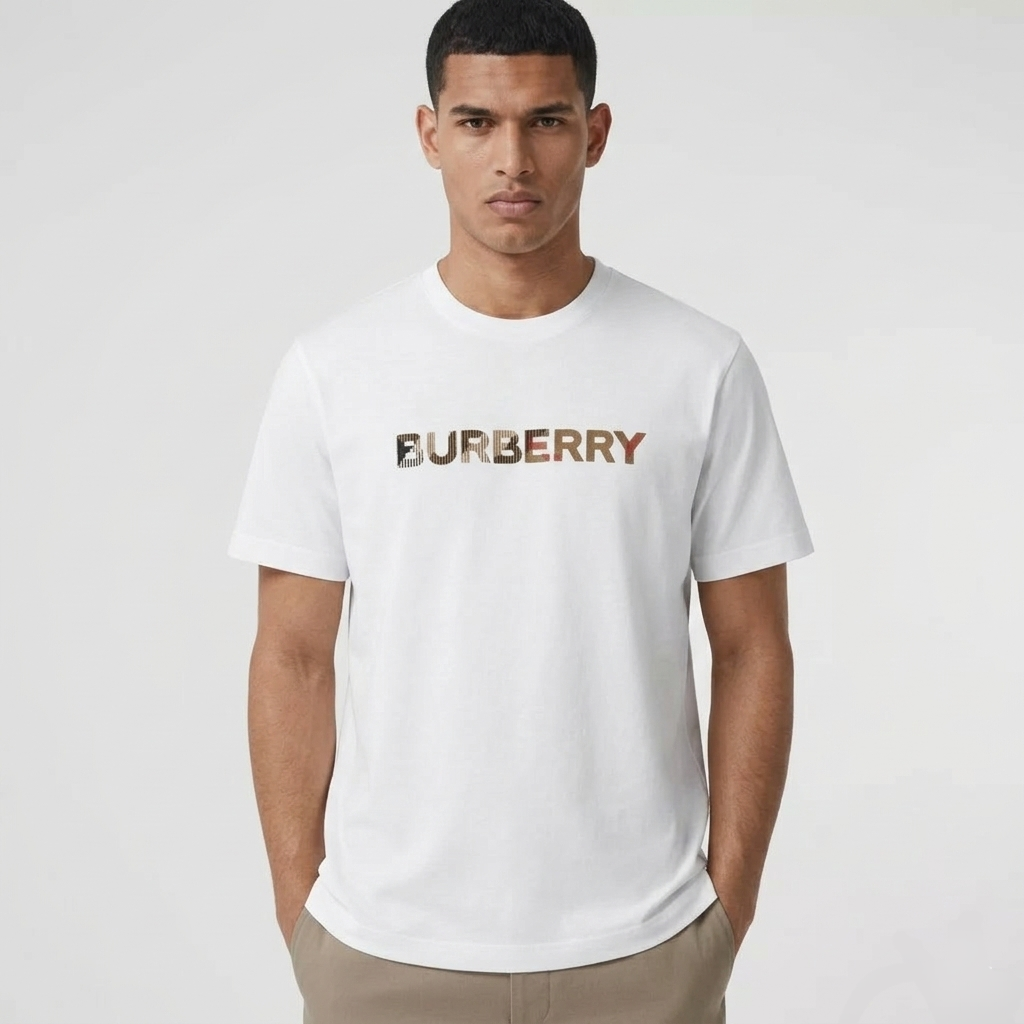 Burberry Check Logo Embroidered T Shirt White