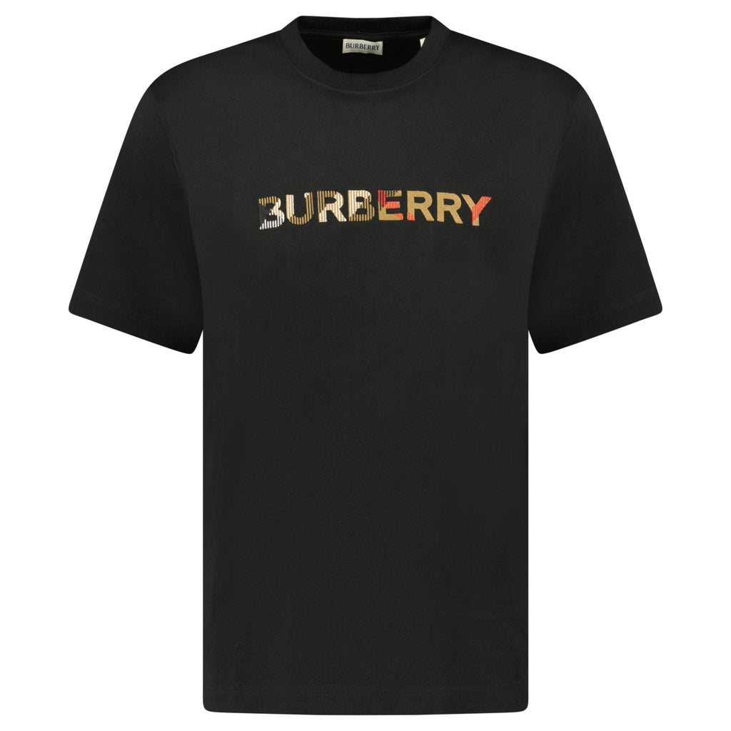 Burberry Check Logo Embroidered T Shirt Black